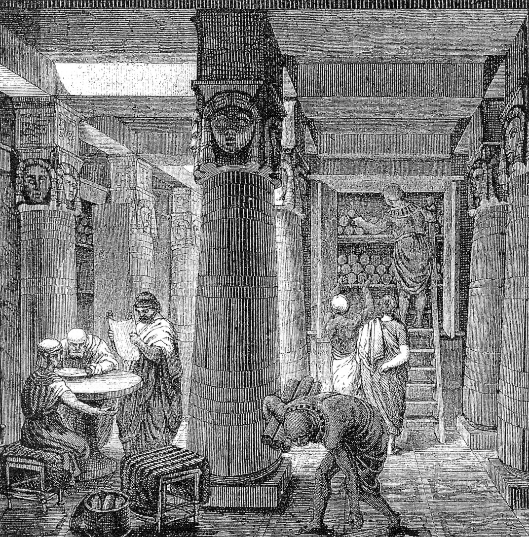 The Library of Alexandria, 19th-century artistic rendering by German artist O. Von
                    Corven